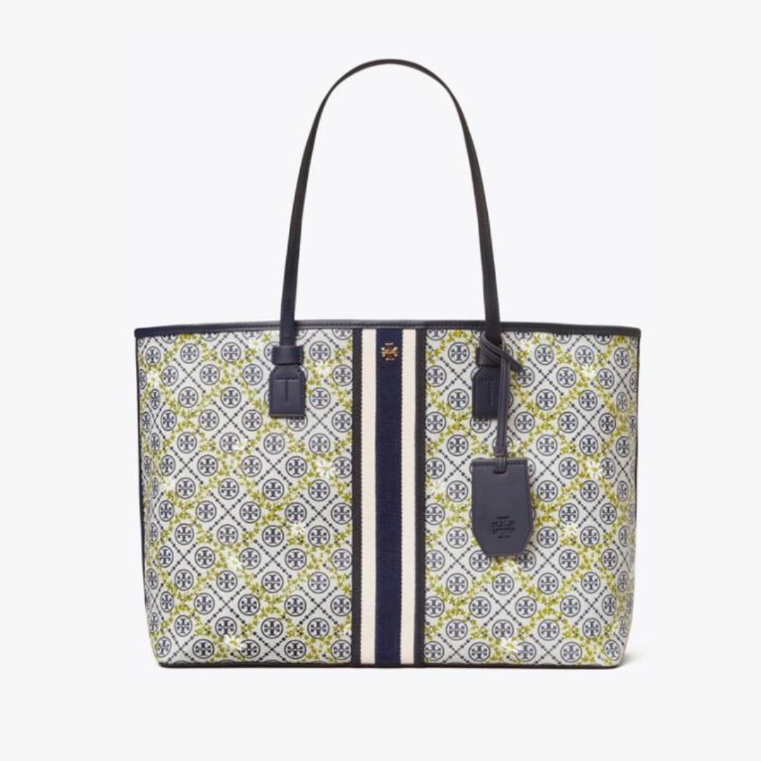 T.O.R.Y B.U.R.C.H T Monogram Floral Vine Top-Zip Tote Bag In Navy