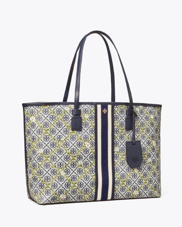 T.O.R.Y B.U.R.C.H T Monogram Floral Vine Top-Zip Tote Bag In Navy