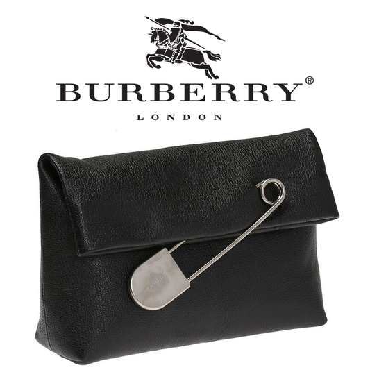 BURBERRY Black Medium Pin Foldover Leather Clutch Retro Bag